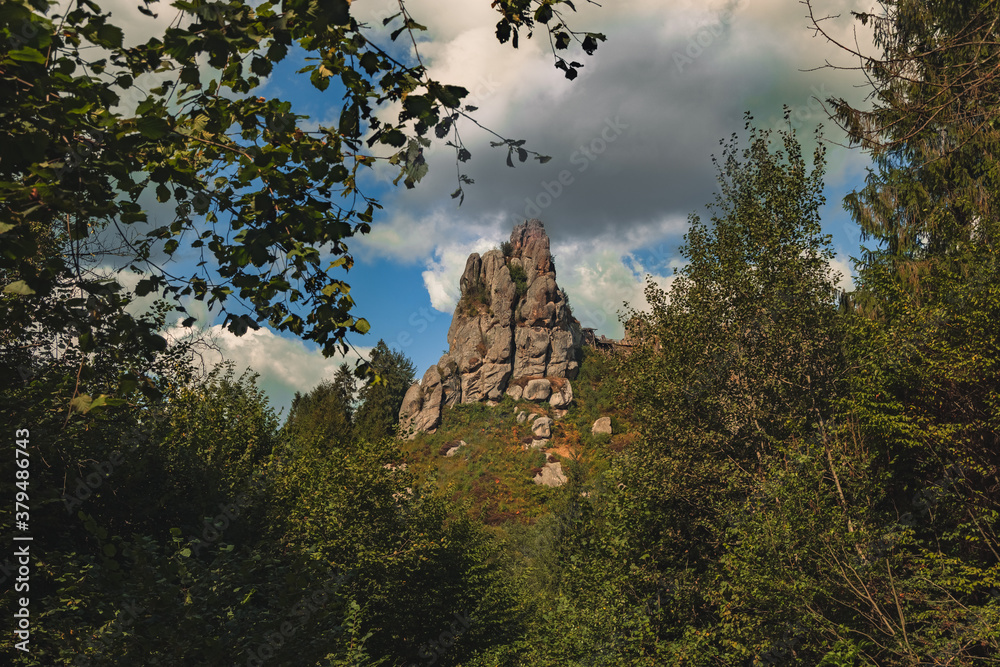 soft focus fall season nature scenic view picturesque mountain rocks in outdoor foliage frame foreground space in September clear weather day soft focus fall season nature scenic view picturesque mountain rocks in outdoor foliage frame foreground space in September clear weather day