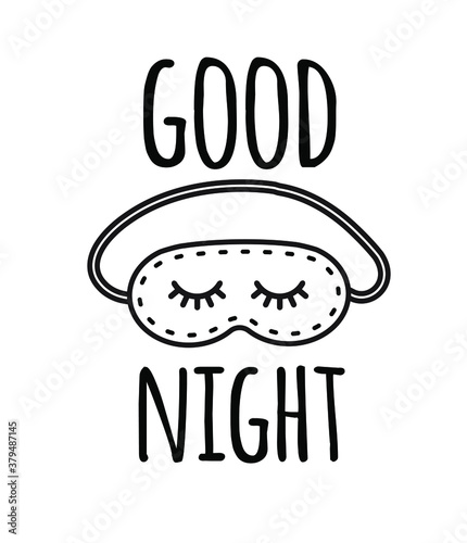 Vector hand drawn doodle flat outline sleeping mask and good night lettering isolated on white background