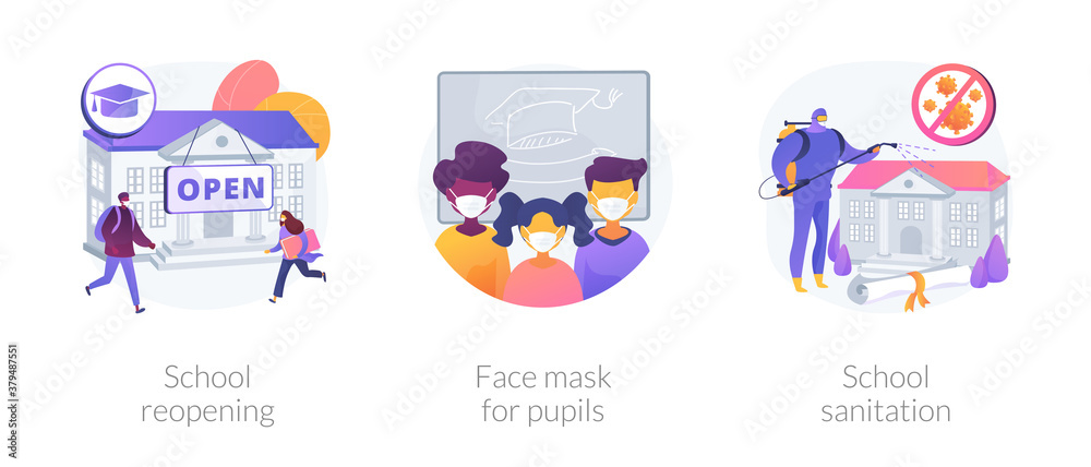 Back to school covid-19 prevention abstract concept vector illustration set. School reopening, face mask for pupils, sanitation, safe environment, pupil protection, disinfection abstract metaphor.