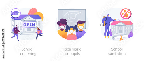 Back to school covid-19 prevention abstract concept vector illustration set. School reopening, face mask for pupils, sanitation, safe environment, pupil protection, disinfection abstract metaphor.