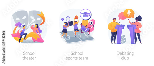 After-school activity abstract concept vector illustration set. School theater  sports team  debating club  kids drama class  speaking class  communication skill  workshop abstract metaphor.