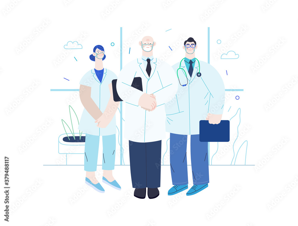 Medical insurance -medical guide -modern flat vector concept digital illustration - medical specialists standing together, team of doctors concept, medical office or laboratory Medical insurance -medical guide -modern flat vector concept digital illustration - medical specialists standing together, team of doctors concept, medical office or laboratory