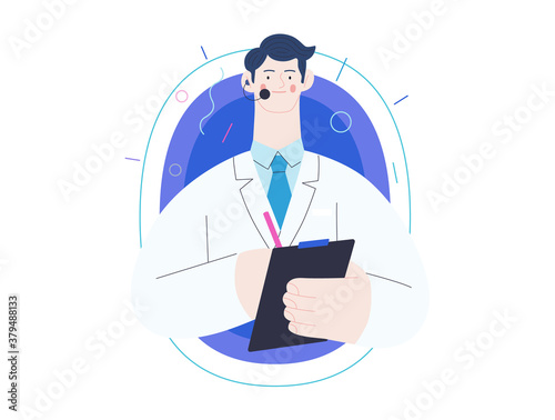 Medical insurance template -help 24 per 7, call us -modern flat vector concept digital illustration of male doctor with headset talking on the phone for a medical consultation. Medical company service