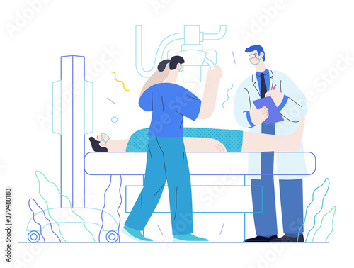 Medical tests template - x-ray test - modern flat vector concept digital illustration of x-ray procedure - a patient and doctors with a x-ray machine, medical office or laboratory