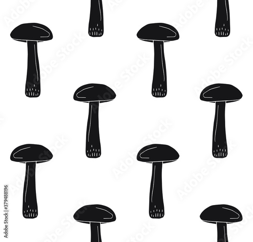 Vector seamless pattern of hand drawn brown cap boletus mushroom silhouette isolated on white background