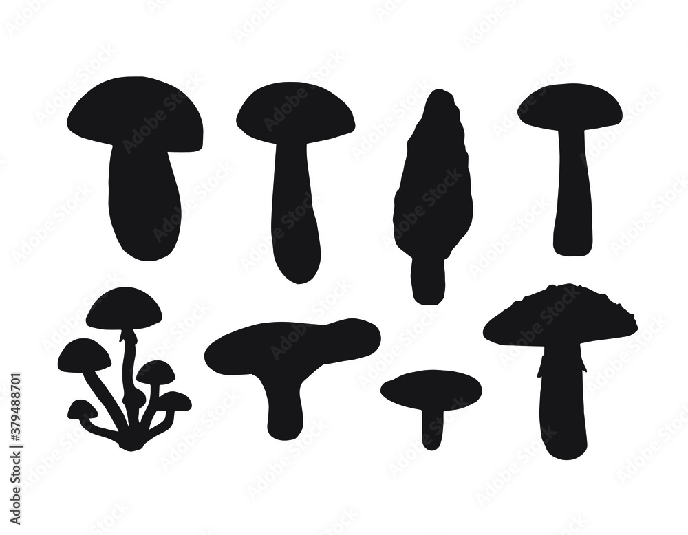 Vector set bundle of hand drawn mushroom silhouette isolated on white background