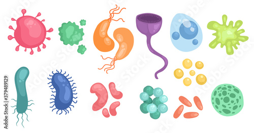Bacteria and germs colorful set, micro-organisms disease-causing objects, different types, bacteria, viruses, fungi, protozoa. Vector flat style cartoon illustration isolated on white background.