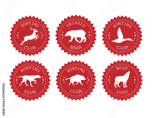 Vector set bundle of red colored flat retro round hunting logo with animals silhouette isolated on white background