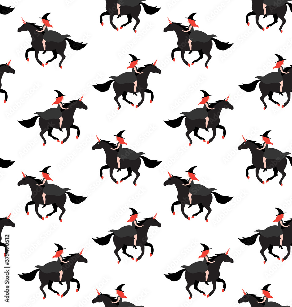 Vector seamless pattern of flat cartoon witch riding unicorn isolated on white background