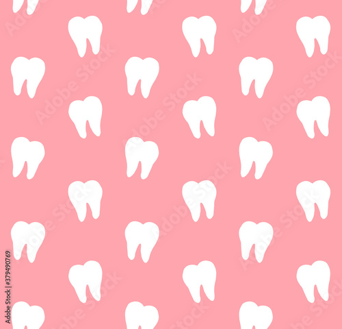 Vector seamless pattern of white hand drawn doodle tooth silhouette isolated on pink background