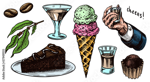 Liqueur dessert. Hand with a glass shot. Cheers toast. Ice cream and cake, glass with alcoholic drink. Engraved hand drawn vintage sketch. Woodcut style. Vector illustration for menu or poster.