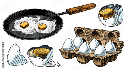 Frying pan with fried eggs and scrambled omelette, Shell and packaging. Farm product. Engraved hand drawn vintage sketch. Woodcut style. Vector illustration for menu or poster.
