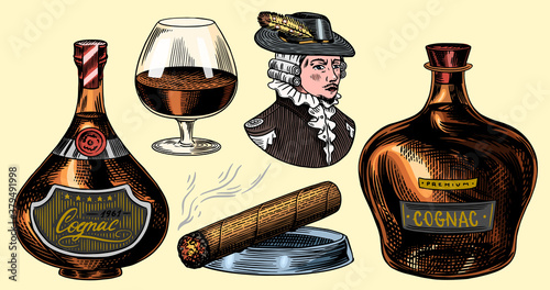 Cognac bottles. Glass goblet, cigar and gentleman or duke. Engraved hand drawn vintage sketch. Woodcut style. Vector illustration for menu or poster.