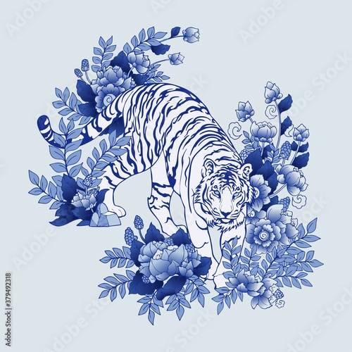 Tiger walking in Flower bush illustration doodle Porcelain ) with Color gradation Chinese brush Porcelain blue tone and Light gray background  vector for digital printing 
