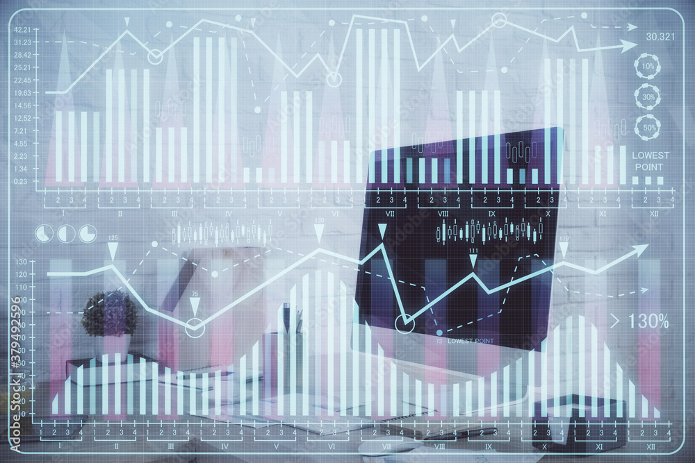 Multi exposure of stock market chart drawing and office interior background. Concept of financial analysis. Multi exposure of stock market chart drawing and office interior background. Concept of financial analysis.