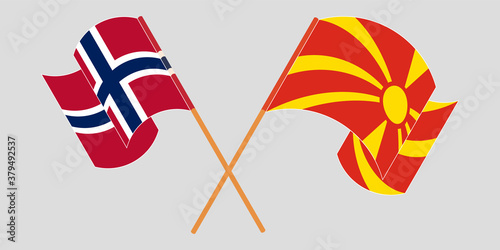 Crossed and waving flags of North Macedonia and Norway