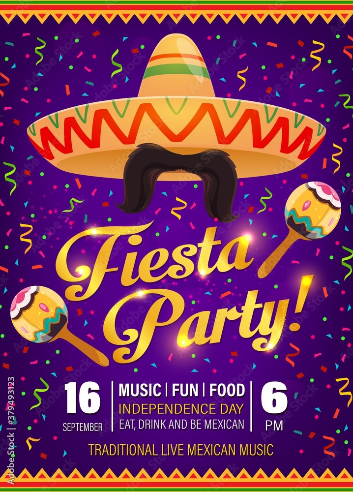 Fiesta party vector flyer, mexican symbols sombrero, mustaches with ...