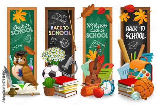 Education blackboard with back to school lettering vector cartoon banners set. Green and black chalkboards with learning stationery. Books, feather pen, teacher owl in graduation cap, maple leaves