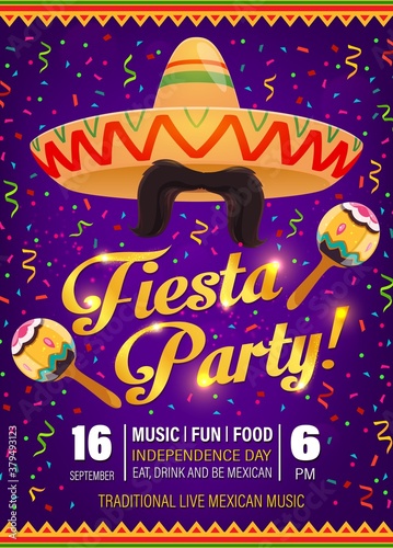 Fiesta party vector flyer, mexican symbols sombrero, mustaches with maracas and colorful confetti on purple background with traditional zigzag pattern. Cinco de Mayo holiday celebration cartoon poster