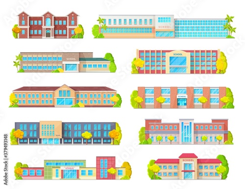 School education building isolated vector icons with primary, junior, elementary or grade school exteriors with front doors, windows and porches, street and trees. Educational architecture themes