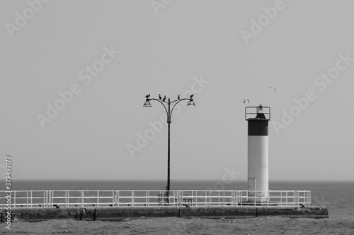 lighthouse on the pier - black and white