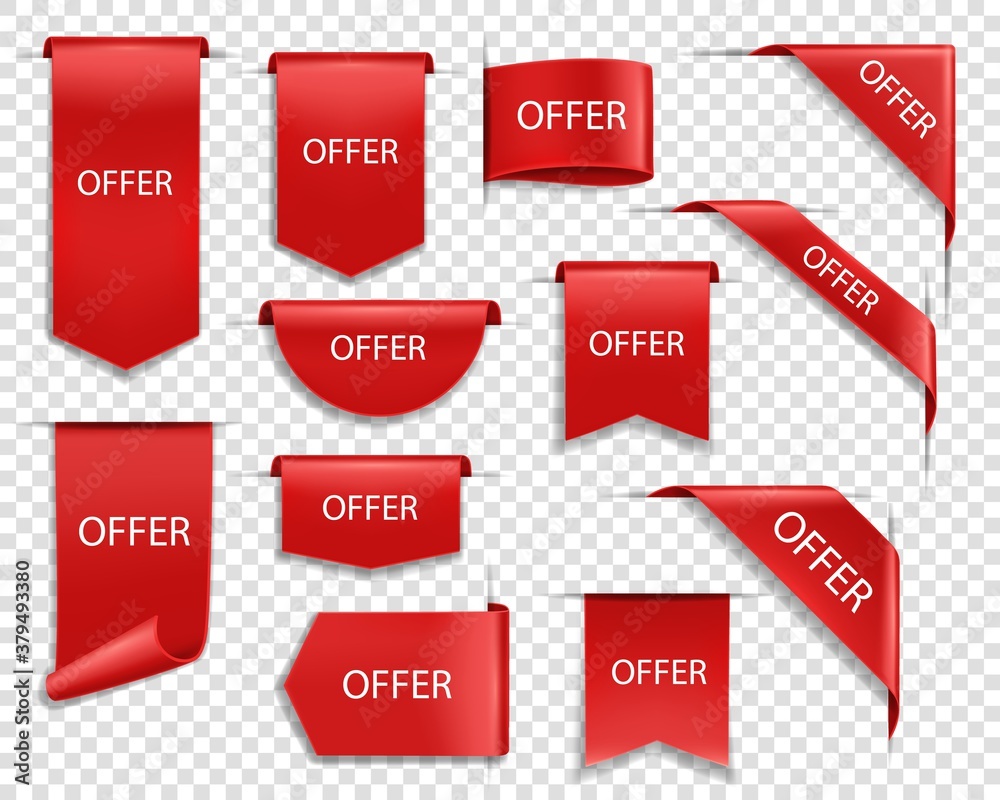 Offer red vector banners, isolated ribbons and labels. Sale shopping flags with curled edges, tags, sale offer badges. Web business corners, discount silk promotional event realistic 3d icons set - obrazy, fototapety, plakaty 