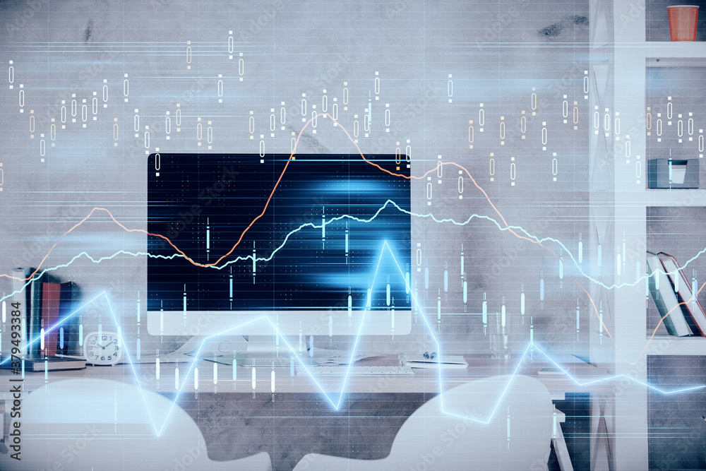 Multi exposure of stock market chart drawing and office interior background. Concept of financial analysis. Multi exposure of stock market chart drawing and office interior background. Concept of financial analysis.
