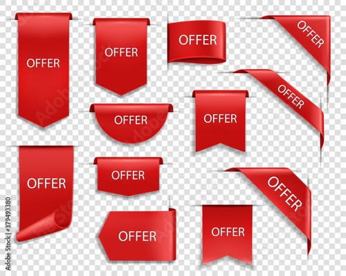 Offer red vector banners, isolated ribbons and labels. Sale shopping flags with curled edges, tags, sale offer badges. Web business corners, discount silk promotional event realistic 3d icons set