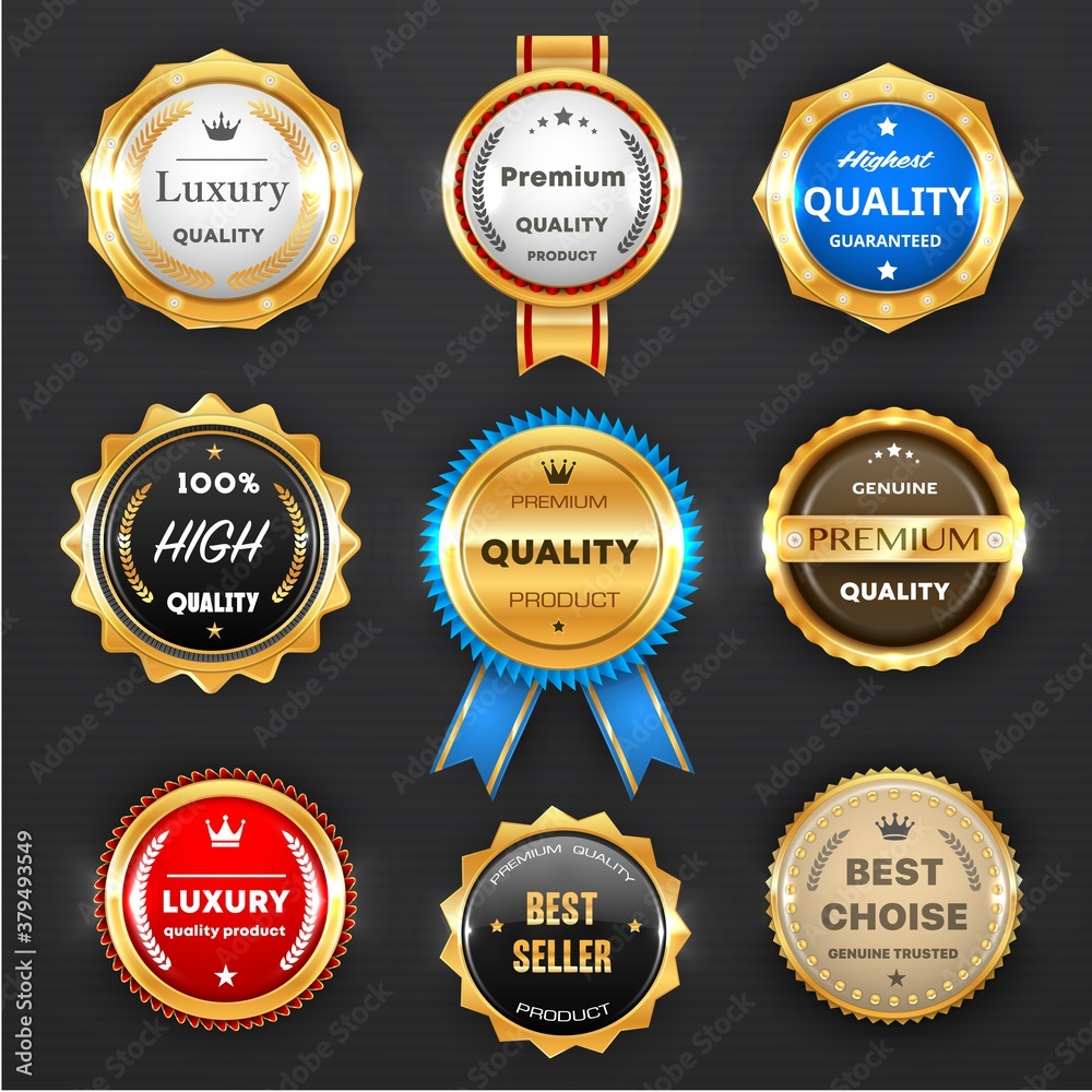 Award and quality labels isolated vector round emblems with golden frames and ribbons. Best seller, luxury product store promotion, shop special offer. Highest quality badge design icons or stamps set Award and quality labels isolated vector round emblems with golden frames and ribbons. Best seller, luxury product store promotion, shop special offer. Highest quality badge design icons or stamps set