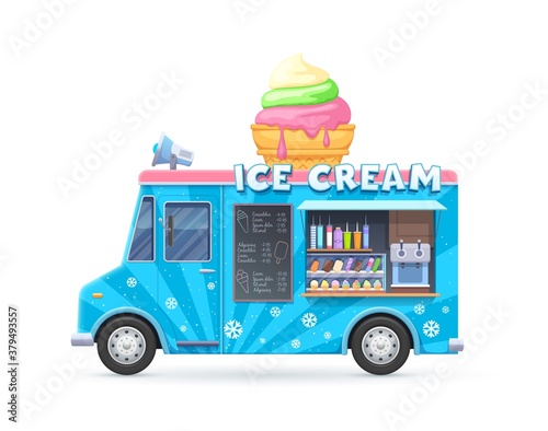 Ice cream food truck, isolated vector van, cartoon car for street food icecream desserts selling. Automobile cafe or restaurant on wheels with ice cream assortment, loudspeaker on rood and chalkboard