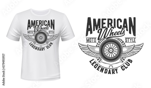 Winged retro car wheel t-shirt vector print. Retro automobile wire-spoked or suspension wheel, wings and laurel wreath retro illustration and typography. American cars fan club clothing print template