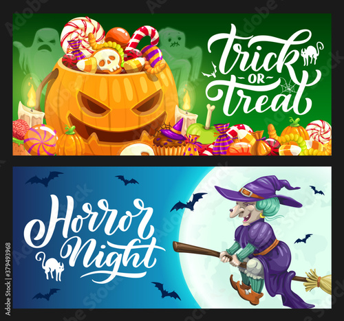 Halloween holiday vector banners with trick or treat candies, pumpkins, ghosts and witch on broom. Horror night full moon, bats, cats and spider nets, skull, zombie brain and worm jellies