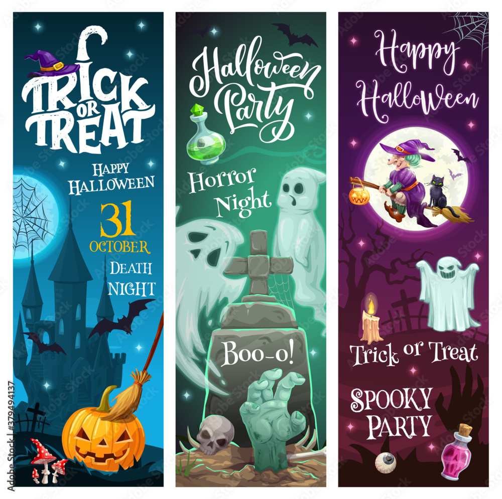 Halloween holiday trick or treat horror party monsters and ghosts vector banners. Happy Halloween greeting, witch with black cat flying on broomstick, zombie hand in grave and scary pumpkin lantern - obrazy, fototapety, plakaty 
