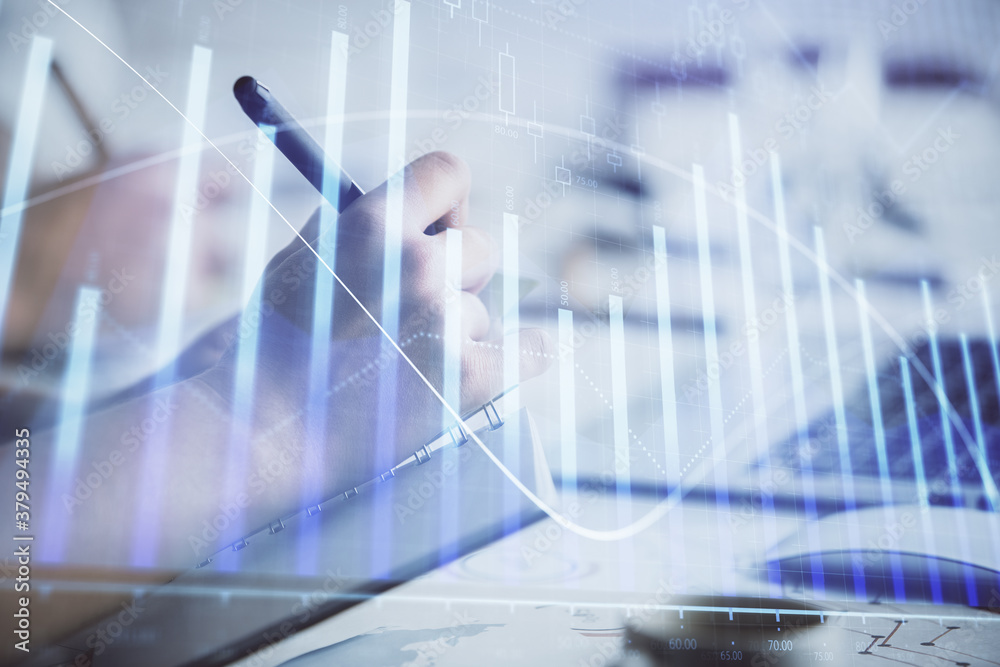 Double exposure of forex graph drawing over people taking notes background. Concept of financial analysis Double exposure of forex graph drawing over people taking notes background. Concept of financial analysis