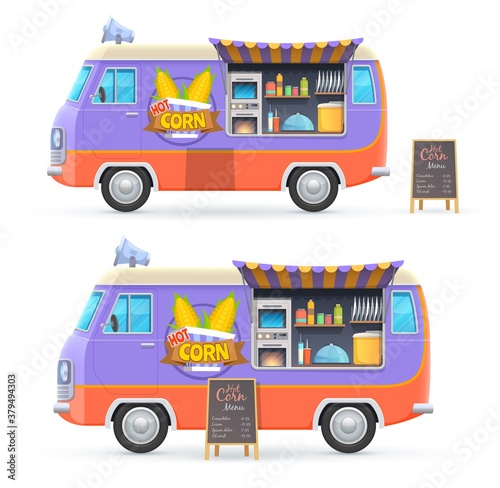 Hot corn food truck isolated vector catering van with chalkboard menu and equipment for cooking corn. Cartoon car for street food selling, cafe or restaurant wagon on wheels with canopy transportation
