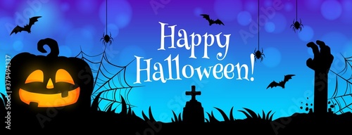 Happy Halloween vector banner. Night cemetery with zombie hand on night background. Graveyard with cross tomb, scary pumpkin jack lantern, spider web and bats. Cartoon Halloween spooky greeting card