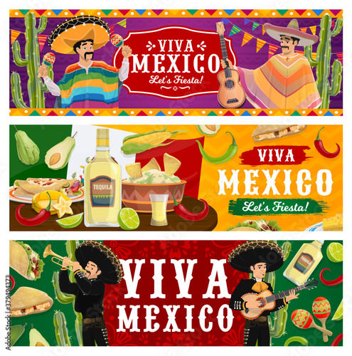 Viva Mexico, fiesta party vector banners. Mariachi musicians in sombrero and poncho playing music. Mexican food jalapeno chili peppers, guacamole with nachos, tequila and lime. Cinco de Mayo festival