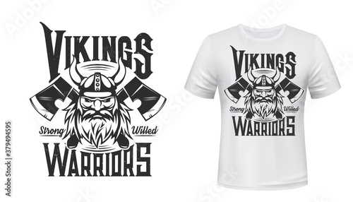 Viking warrior tshirt print, Scandinavian vector nordic medieval knight. Man with beard and horned helmet with crossed axes on white appaprel mockup. Nordic viking warrior sign, vintage symbol of Odin