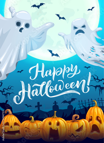 Halloween poster with cartoon ghosts. Vector greeting card with spooks, flying bats and jack-o-lantern pumpkins under full moon light on night cemetery. Happy Halloween party spooky funny characters
