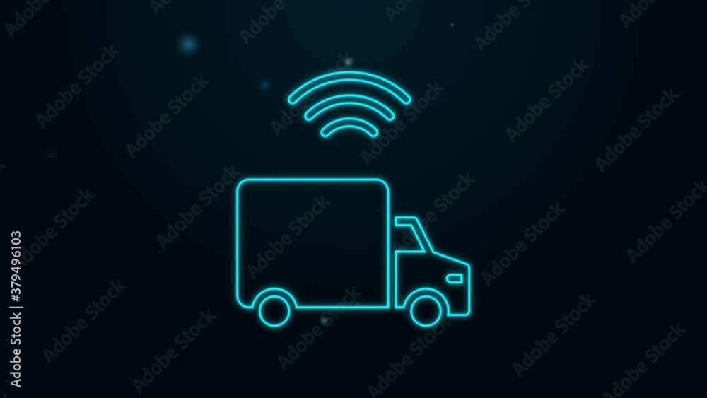 Glowing neon line Smart delivery cargo truck vehicle with wireless connection icon isolated on black background. 4K Video motion graphic animation Glowing neon line Smart delivery cargo truck vehicle with wireless connection icon isolated on black background. 4K Video motion graphic animation