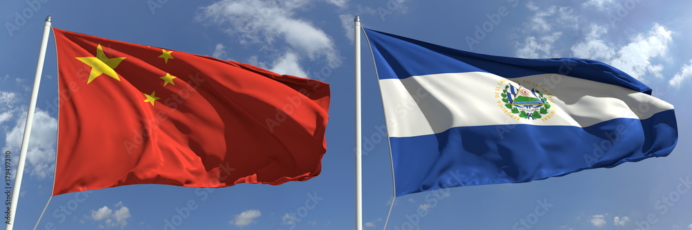 Flags of China and El Salvador on flagpoles. 3d rendering Flags of China and El Salvador on flagpoles. 3d rendering