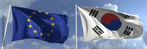 National flags of the European Union and South Korea, 3d rendering