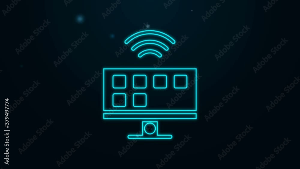 Glowing neon line Smart Tv system icon isolated on black background. Television sign. Internet of things concept with wireless connection. 4K Video motion graphic animation Glowing neon line Smart Tv system icon isolated on black background. Television sign. Internet of things concept with wireless connection. 4K Video motion graphic animation