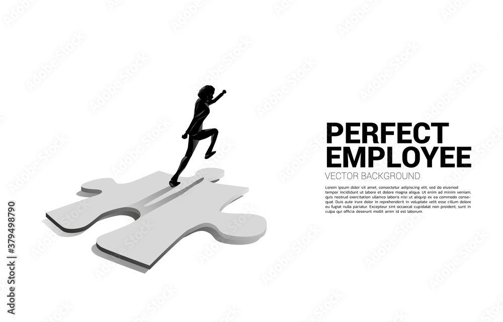Silhouette of businessman running on jigsaw piece. Concept of perfect recruitment. Human Resource. put the right man on the right job.