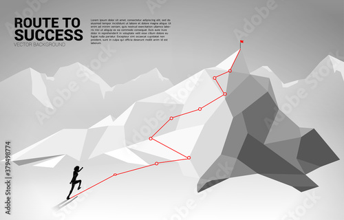 Silhouette of businessman run to top of mountain. Concept of Goal, Mission, Vision, Career path, Polygon dot connect line style