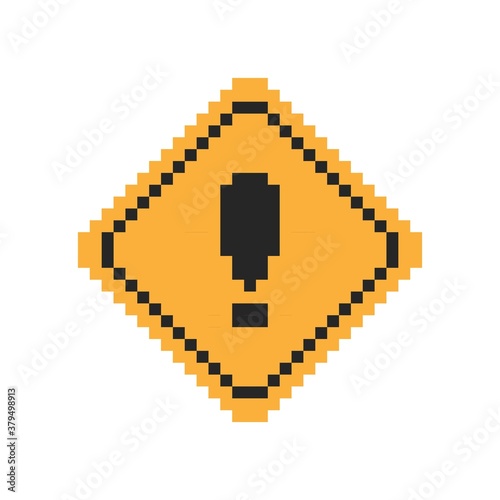 Pixel art 8-bit warning sign with exclamation symbol in yellow square frame - isolated vector illustration