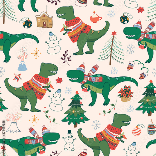 Dinosaur christmas happy new year doodle seamless hand drawn vector pattern