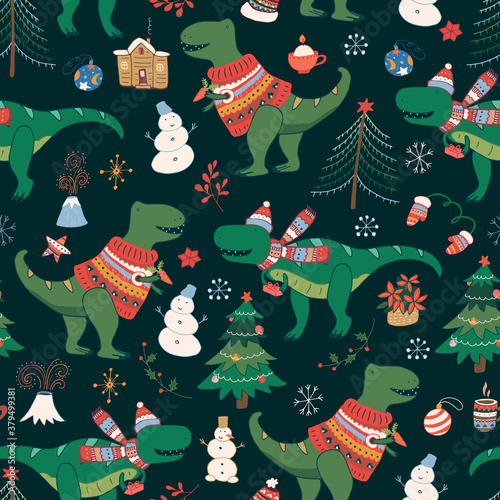 Dinosaur christmas happy new year doodle seamless hand drawn vector pattern