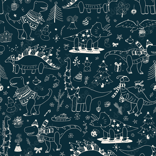 Dinosaur christmas happy new year doodle seamless hand drawn vector pattern