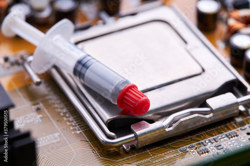 thermally conductive paste close up. computer hardware maintenance service concept. adjusting desktop pc or laptop